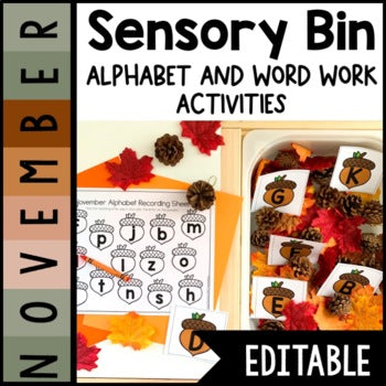 November Sensory Bin | Alphabet | Sight Word | CVC word center | Editable